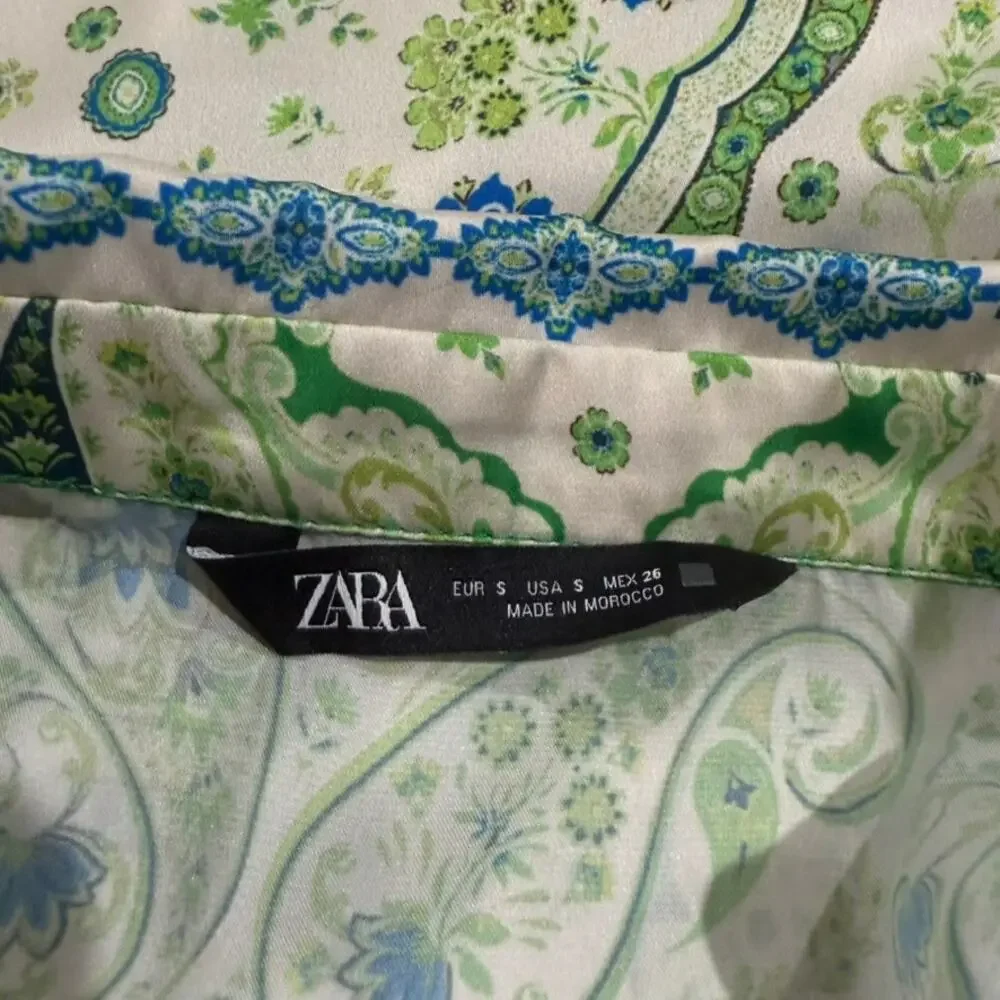 Zara Women's Paisley Print Button-Up Blouse Green Blue Size Small - Picture 5 of 6